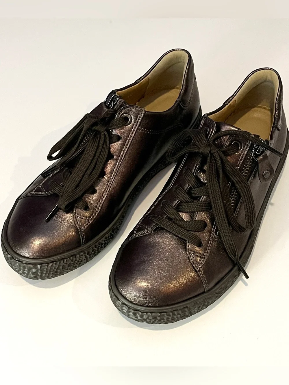 Hartjes Phil Black Metallic Bronze Leather Zip Sneakers Shoes Women US 7 UK 4.5